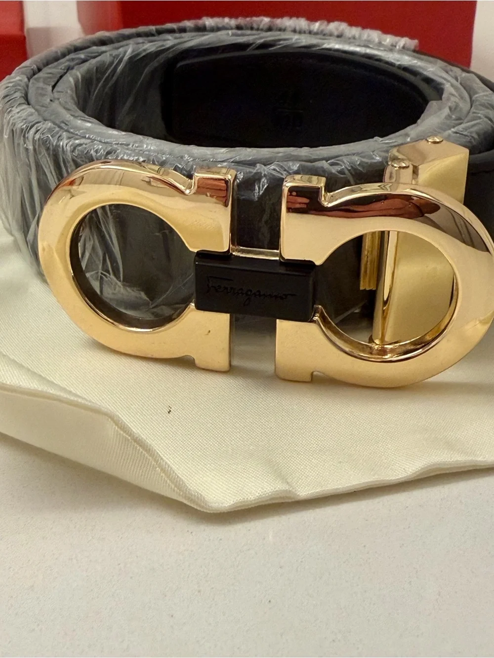 Salvatore Ferragamo Black Leather Belt with Gold Double Gancini Buckle